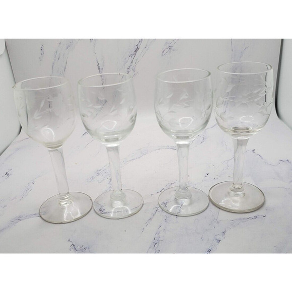 Set of 4 Vintage Etched Crystal Cordial Liquor Glasses Four Inch Stemware - Picture 1 of 11